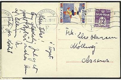 12 øre Bølgelinie og Norsk Julemærke 1926 på brevkort stemplet København d. 23.12.1926 til Assens.