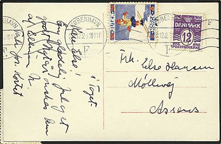 12 øre Bølgelinie og Norsk Julemærke 1926 på brevkort stemplet København d. 23.12.1926 til Assens.