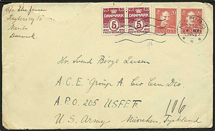 5 øre Bølgelinie (2) og 20 øre Chr. X (2) på brev fra Maribo d. 4.9.1946 til dansk censor ved Group A Civil Censorship Division i München. Sendt via amerikansk feltpost APO 205.