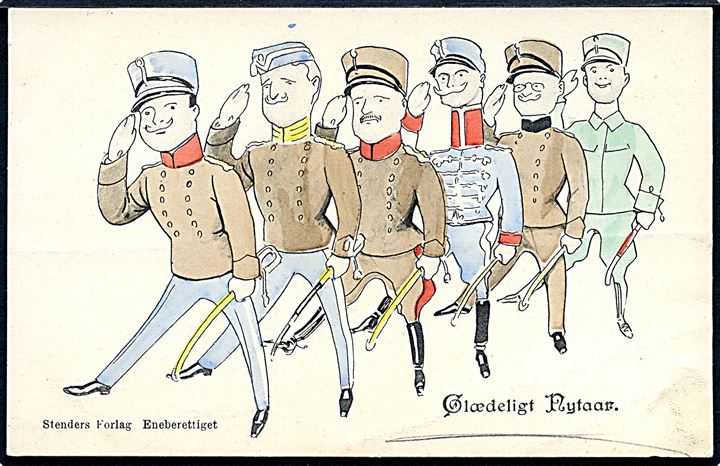 Glædeligt Nytaar. Mænd i uniformer. Tegnet af Alfred Schmidt.  Stenders u/no. 