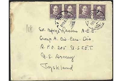 10 øre Chr. X (4) på brev fra Maribo d. 14.11.1946 til dansk censor ved Group A Civil Censorship Division i München. Sendt via amerikansk feltpost APO 205.