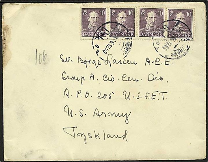 10 øre Chr. X (4) på brev fra Maribo d. 14.11.1946 til dansk censor ved Group A Civil Censorship Division i München. Sendt via amerikansk feltpost APO 205.