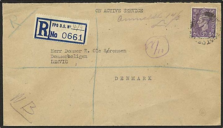 3d George VI på anbefalet OAS brev stemplet Field Post Office 489 d. x.12.1947 til Lemvig, Danmark. Fra dansk censor ved No. 3 District Censorship Station i Hamburg.