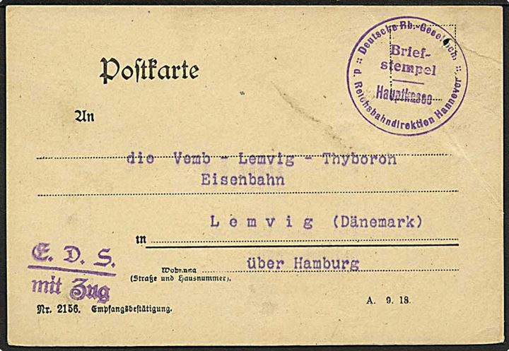 Ufrankeret tysk jernbanesag dateret Hannover d. 15.3.1931 med stempel: E.D.S. mit Zug (Eisenbahn Dienst Sache mit Zug) til Vemb-Lemvig-Thyborøn Jernbane i Lemvig via Hamburg.