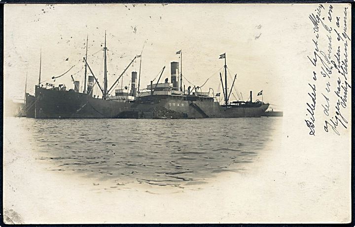 Ivar, S/S, Dampskibsselskabet Carl A/S i spansk havn, i baggrunden S/S Svend II. Fotokort anvendt i Huelva 1908 til Danmark.