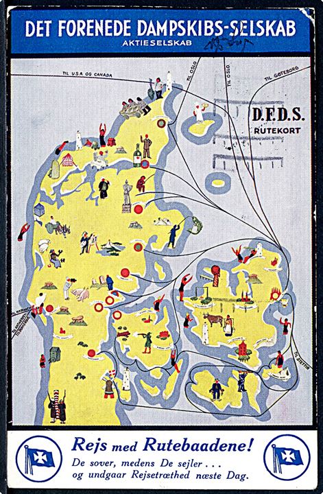 DFDS Rutekort. Reklamekort med indtegnede DFDS skibsforbindelser. Frankeret med 10+5 øre Kræftmærke fra København d. 7.3.1934 til Hälsingborg, Sverige. 