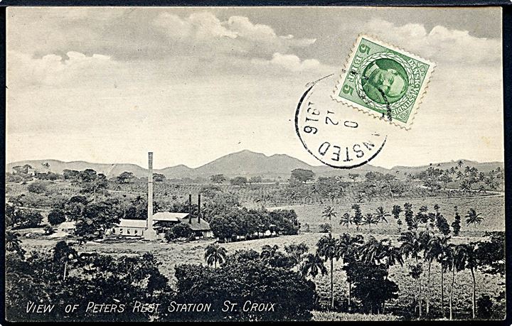 D.V.I., St. Croix, View of Peters Rest Station. A. Lauridsen no. 16. Påsat ikke sammenhørende 5 bit Fr. VIII frimærke på billedsiden. 