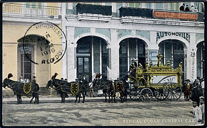 Cubansk begravelses vogn. Frankeret med 2 c. Landkort fra Boqueron d. 113.4.1916 til Aarhus, Danmark.