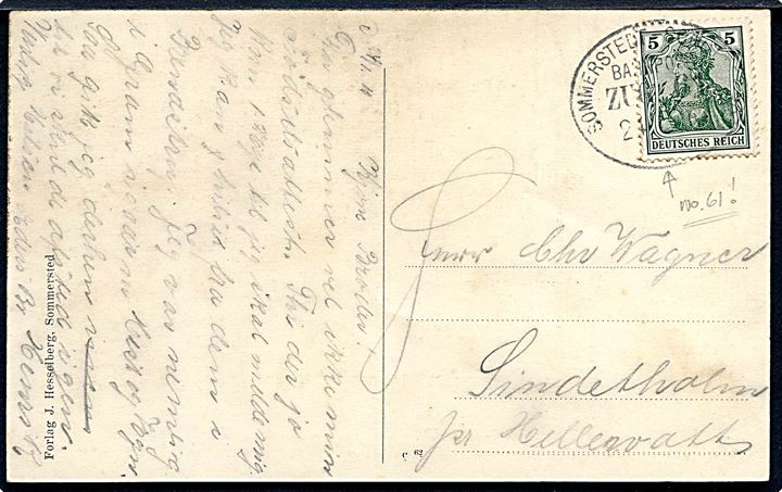 5 pfg. Germania på brevkort (Hilsen fra Sommersted) annulleret med bureaustempel Sommerstedt - Schottburg Bahnpost Zug 61 d. 24.1.1911 til Hellevad. Tog-nr. 61 ikke omtalt i Daka.