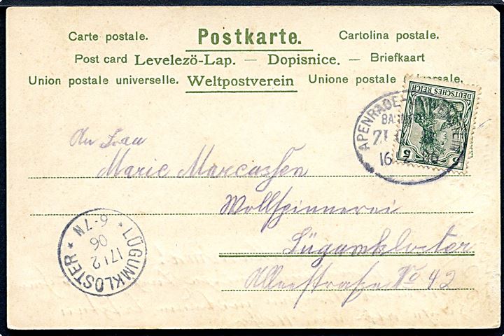 5 pfg. Germania på brevkort annulleret med bureaustempel Apenrade - Gravenstein Bahnpost Zug 8 d. 16.2.1906 til Lügumkloster.