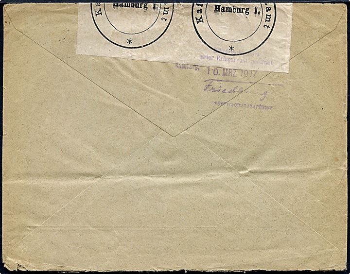5 pfg. og 10 pfg. Germania på brev fra Aschersleben d. 8.3.1917 til Odense, Danmark. Åbnet af tysk censur i Hamburg.