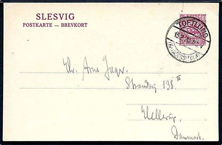 15 pfg. Fælles udg. helsagsbrevkort stemplet Toftlund (Kr. Hadersleben) d. 13.2.1920 til Hellerup, Danmark.