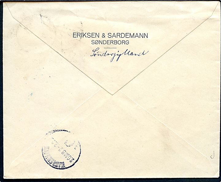 5 pfg. og 5 mk. Fælles udg. på anbefalet brev fra Sonderburg **c d. 31.1.1920 til København, Danmark.