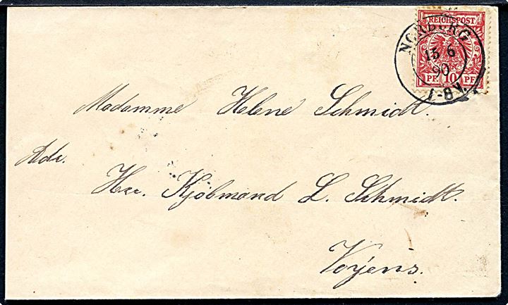 10 pfg. Adler på brev annulleret med 2-ringsstempel Norburg d. 15.6.1890 til Vojens.