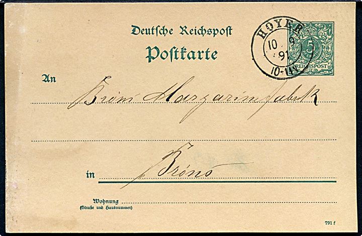 5 pfg. helsagsbrevkort annulleret med 2-ringsstempel Hoyer d. 10.9.1891 til Brøns.