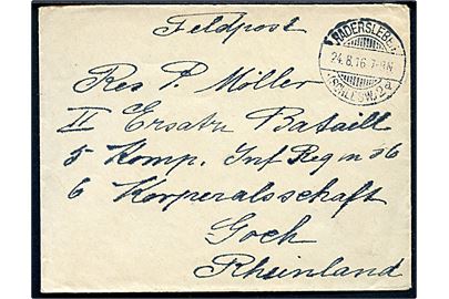 Ufrankeret feltpostbrev stemplet Hadersleben *(Schlesw.)2a d. 24.8.1916 til soldat i Gock, Rheinland. 