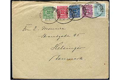 5 pfg., 10 pfg., 15 pfg. 20 pfg. og 75 pfg. Fælles udg. på brev annulleret med bureaustempel Oberjersdal - Toftlund Bahnpost Zug d. 11.2.1920 til Helsingør.
