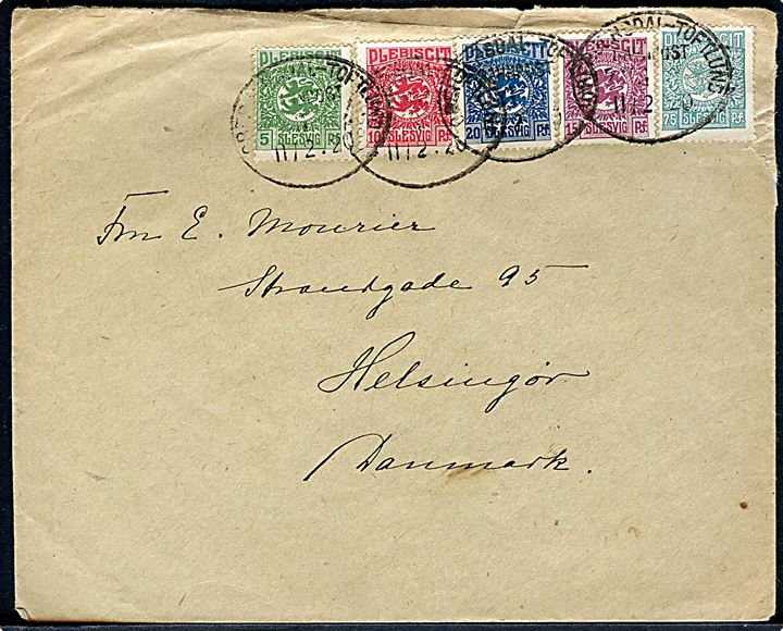 5 pfg., 10 pfg., 15 pfg. 20 pfg. og 75 pfg. Fælles udg. på brev annulleret med bureaustempel Oberjersdal - Toftlund Bahnpost Zug d. 11.2.1920 til Helsingør.