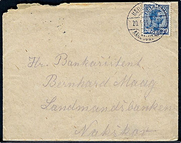 20 øre Chr. X på brev fra Øsby annulleret med bureaustempel Haderslev - Aarøsund Havn T.14 d. 20.1.1921 til Nakskov. Fuldt indhold, men urent åbnet.