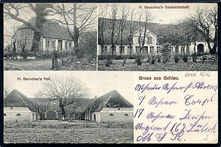 Ufrankeret feltpostkort (Gruss aus Gehlau) stemplet Schafhaus d. 24.8.1914 til Mustin.
