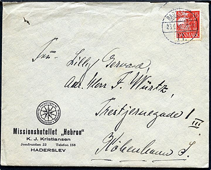 15 øre Karavel på brev annulleret med godt brotype Vd Haderslev B. d. 23.9.1932 til København.