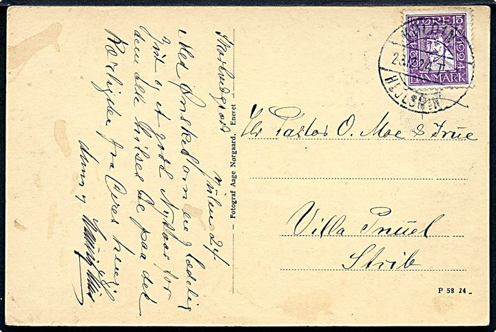 15 øre Chr. IV Postjubilæum på brevkort  annulleret med bureaustempel Kolding - Hejlsminde T.3 d. 23.12.1924 til Strib.