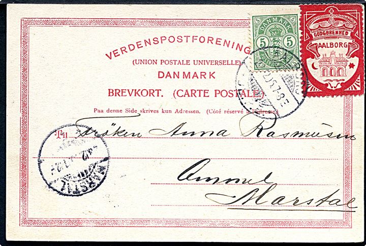 5 øre Våbentype og Aalborg Understøttelsesforening Julemærke 1905 på brevkort stemplet Aalborg JB.P.E. d. 22.12.1905 til Marstal på Ærø.