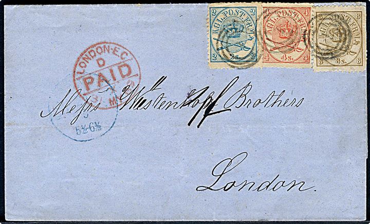 2 sk., 4 sk. og 8 sk. Krone/Scepter på pænt 14 sk. frankeret brev annulleret med nr.stempel 1 og sidestemplet Kiøbenhavn d. 29.5.1869 til London, England.