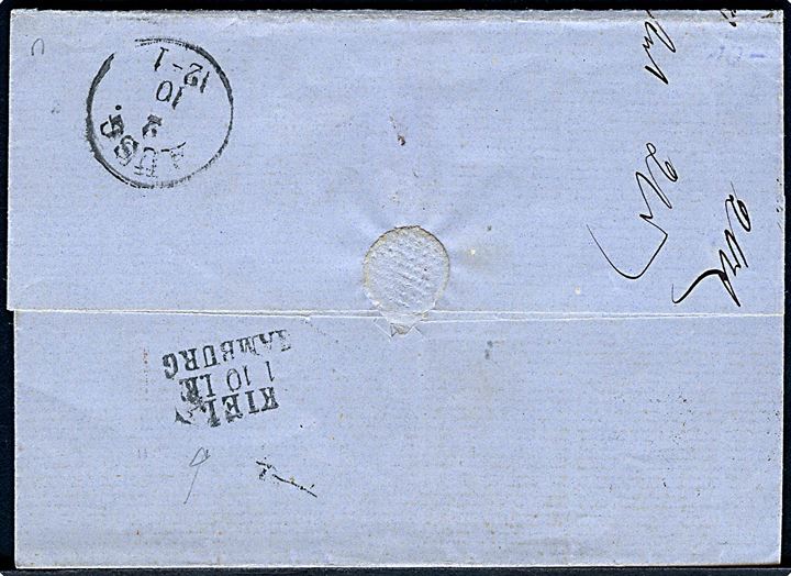 8 sk. Krone/Scepter single på brev annulleret med nr.stempel 1 og sidestemplet Kiøbenhavn d. 30.9.1869 via bureau Kiel - Hamburg til Königsberg, Preussen. 