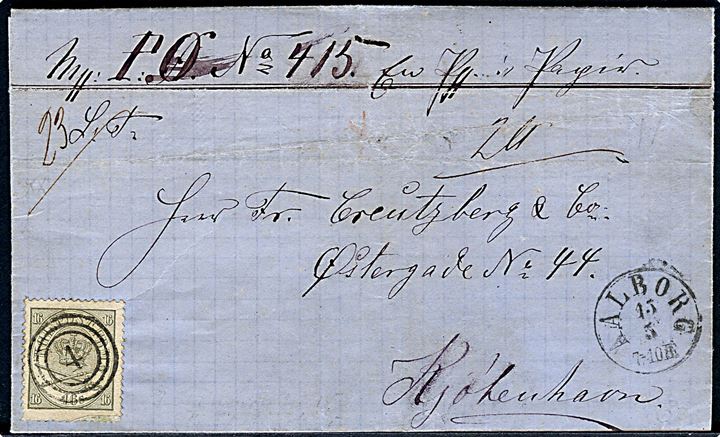 16 sk. Krone/Scepter single på pakkefølgebrev annulleret med nr.stempel 4 og sidestemplet antiqua Aalborg d. 15.5.1869 til Kjøbenhavn. Mærke med hjørneskade.