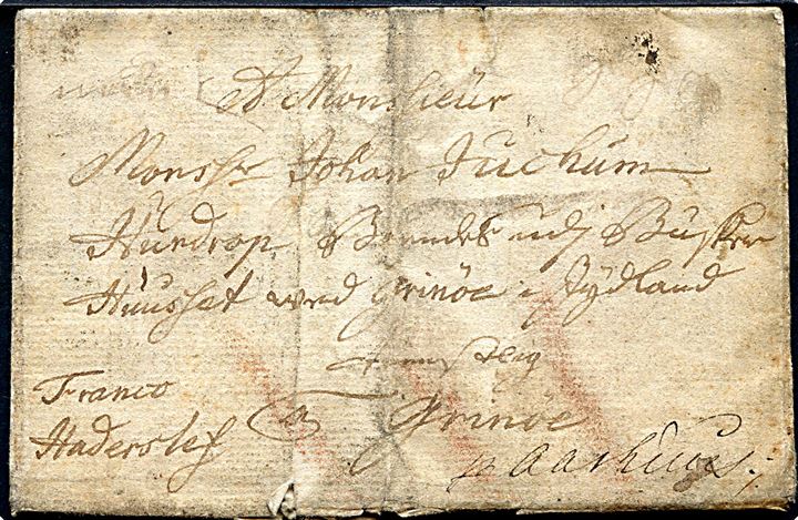 1747. Francobrev med langt indhold dateret i Odense d. 2.7.1747 påskrevet Franco Haderslef til Grenaa pr. Aarhus. På bagsiden svært læselig besked til postmesteren i Grenaa. 
