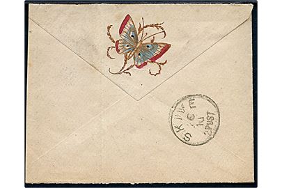 4 øre Tofarvet i parstykke på tidlig illustreret kuvert annulleret Kjøbenhavn K. d. 25.10.18xx til Skive - eftersendt til Stoholm. På bagsiden fortrykt illustration med koloreret sommerfugl. Åbnet 3 sider.
