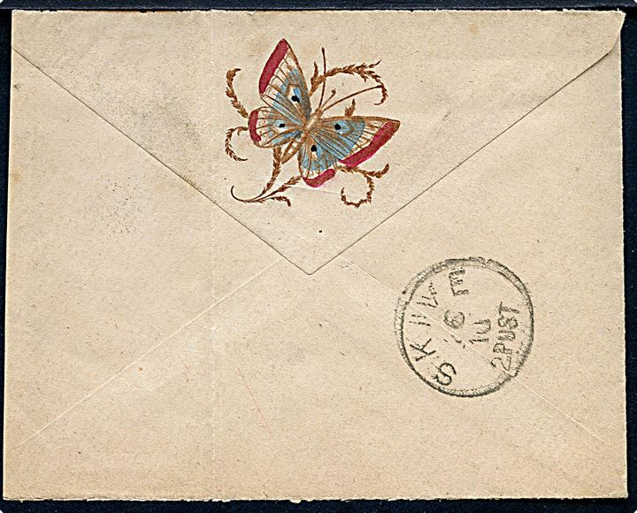 4 øre Tofarvet i parstykke på tidlig illustreret kuvert annulleret Kjøbenhavn K. d. 25.10.18xx til Skive - eftersendt til Stoholm. På bagsiden fortrykt illustration med koloreret sommerfugl. Åbnet 3 sider.