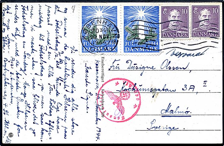 10 øre Chr. X (2) og Julemærke 1944 i parstykke på brevkort (Skibe ved Kvæsthusbroen, København) fra København d. 29.11.1944 til Malmö, Sverige. Sønderborg censur.