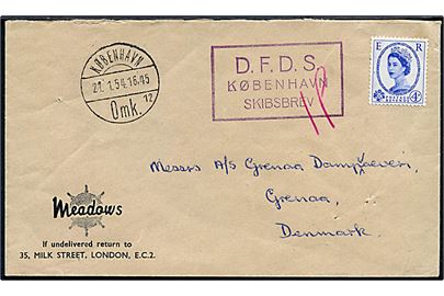 Britisk 4d Elizabeth på skibsbrev fra London med violet rammestempel D.F.D.S. København Skibsbrev og sidestemplet København d. 21.1.1954 til Grenaa.