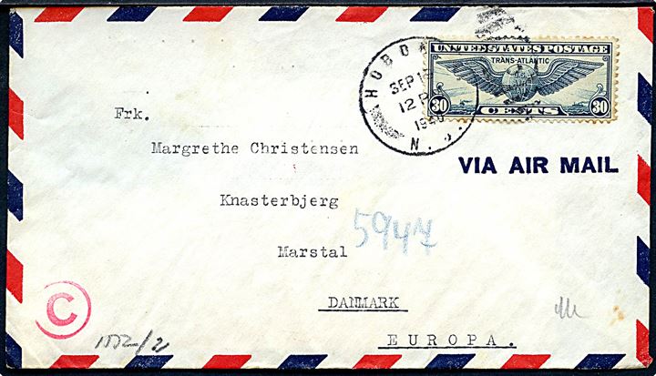 30 cents Winged Globe på luftpostbrev stemplet Hoboken d. 19.9.1940 til Marstal, Danmark. Sendt fra sømand ombord på det oplagte DFDS skib M/S Tunis. Åbnet af tysk censur.