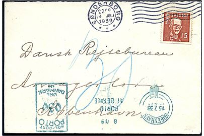 Svensk 15 öre Gustaf anvendt på brev fra Sønderborg d. 14.7.1939 til København. Udtakseret i porto med 30 øre grønt porto-maskinstempel i København d. 15.7.1939. 