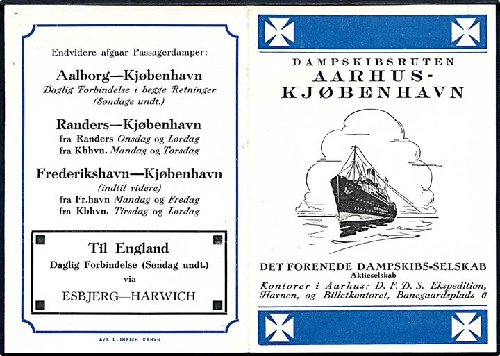 DFDS. Dampskibsrtuen Aarhus - Kjøbenhavn lille illustreret fartplan.