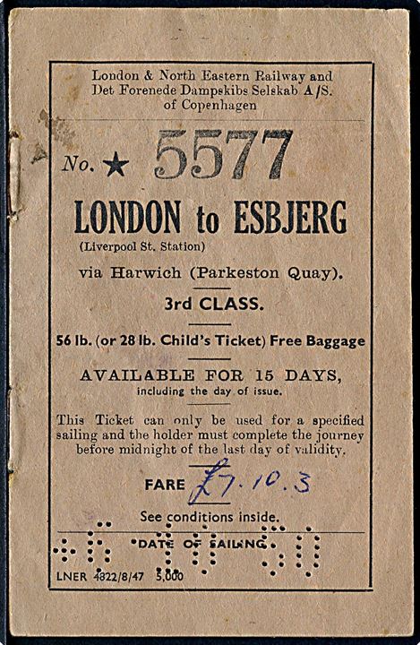 Tog og Færgebillet for rejse fra London til Esbjerg d. 6.10.1950.