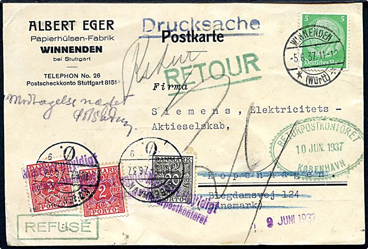 Tysk 5 pfg. Hindenburg på underfrankeret tryksag fra Winnenden d. 5.6.1937 til København, Danmark. Udtakseret i 24 øre porto med 2 øre (2) og 20 øre Portomærke stemplet København d. 7.6.1937. Retur som modtagelse nægtet via returpostkontoret med portomærker annulleret Mærket ugyldigt / Returpostkontoret.