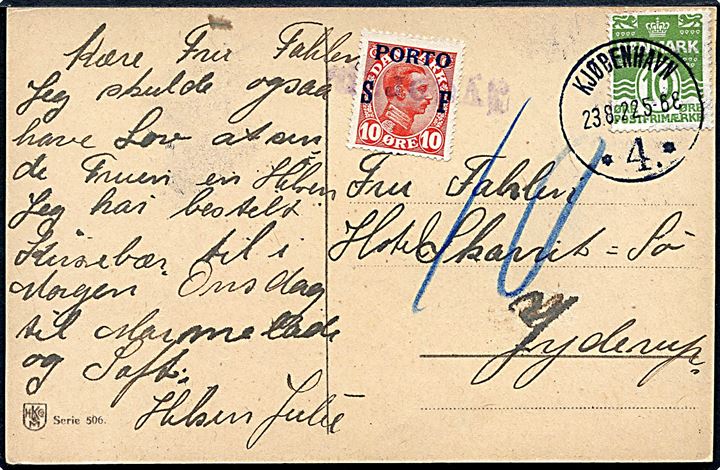 10 øre Bølgelinie på underfrankeret brevkort fra Kjøbenhavn d. 23.8.1922 til Jyderup. Udtakseret i porto med 10 øre SF Porto-provisorium annulleret med liniestempel Jyderup.