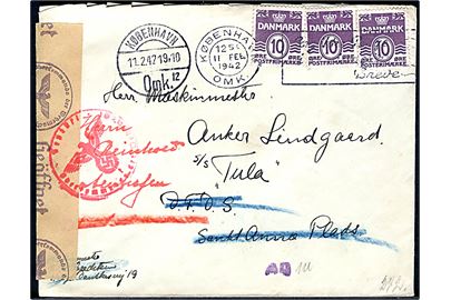 10 øre Bølgelinie (3) på brev fra København d. 11.2.1942 til sømand ombord på S/S Tula via rederiet DFDS i København. Eftersendt til Gotenhafen, Tyskland. Åbnet af tysk censur i Hamburg.
