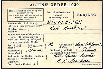Aliens' Order 1920 - dansk/engelsk DFDS formular K.477.2.39 10000 Form. Nr. 11.a. benyttet ved indrejse i England.