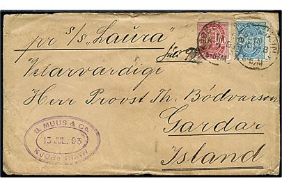 10 øre og 20 øre Våben på 30 øre frankeret brev fra Kjøbenhavn d. 14-7-1893, påskrevet: pr. S/S Laura, via Reykjavik d. 25.7.1893 til Gardar, Island. Lidt slidt.