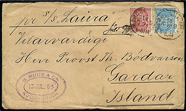 10 øre og 20 øre Våben på 30 øre frankeret brev fra Kjøbenhavn d. 14-7-1893, påskrevet: pr. S/S Laura, via Reykjavik d. 25.7.1893 til Gardar, Island. Lidt slidt.