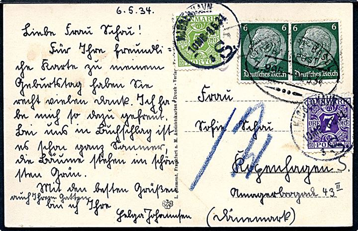 Tysk 6 pfg. Hindenburg (2) på underfrankeret brevkort annulleret med bureaustempel Frankfurt - Basel Z.995 d. 6.5.1934 til København, Danmark. Udtakseret i porto med 5 øre og 7 øre Portomærke stemplet Kjøbenhavn d. 6.5.1934.