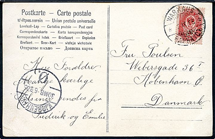 Russisk 4 kop. Våben anvendt i Finland på brevkort annulleret med 2-sproget stempel Warkaus d. 2.9.1905 til København, Danmark.