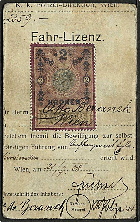 2 Kr. Franz Joseph stempelmærke på bagsiden af kabinet foto anvendt som kørekort i Wien d. 21.7.1908. 