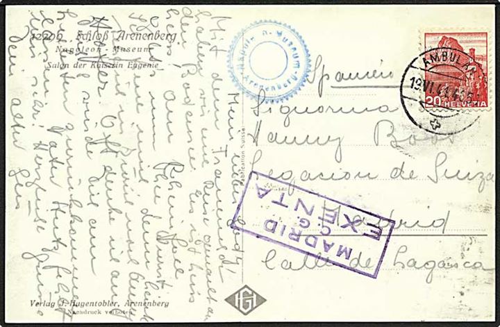 20 c. på brevkort annulleret med bureaustempel Ambulant d. 19.6.1941 til legation i Madrid, Spanien. Ikke censuret med stempel: Madrid c.g. Extenta