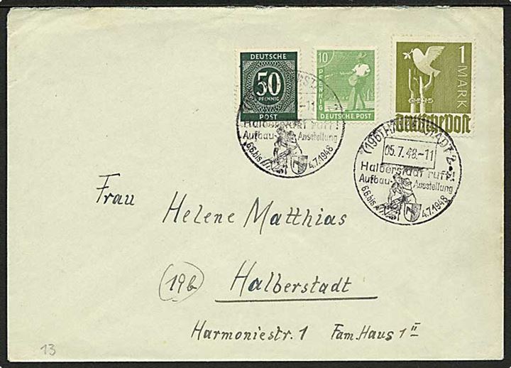 10 pfg., 50 pfg. og 1 mk. på 16 pfg. Ost-zone Zehn-fach frankeret lokalbrev fra Halberstadt d. 5.7.1948.